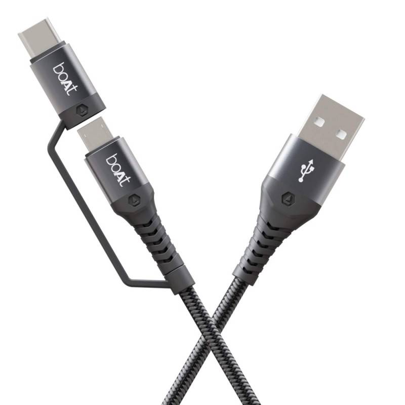 boAt Deuce 300 USB Cable 2 in 1 Type-C & Micro USB 3A Fast Charging Mercurial Black