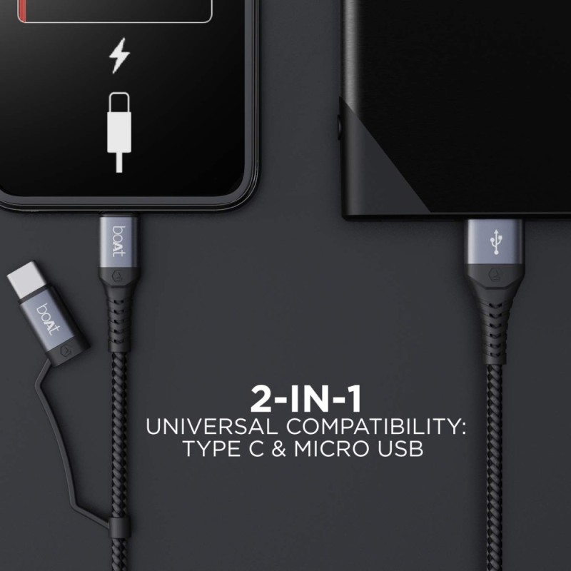 boAt Deuce 300 USB Cable 2 in 1 Type-C & Micro USB 3A Fast Charging Mercurial Black