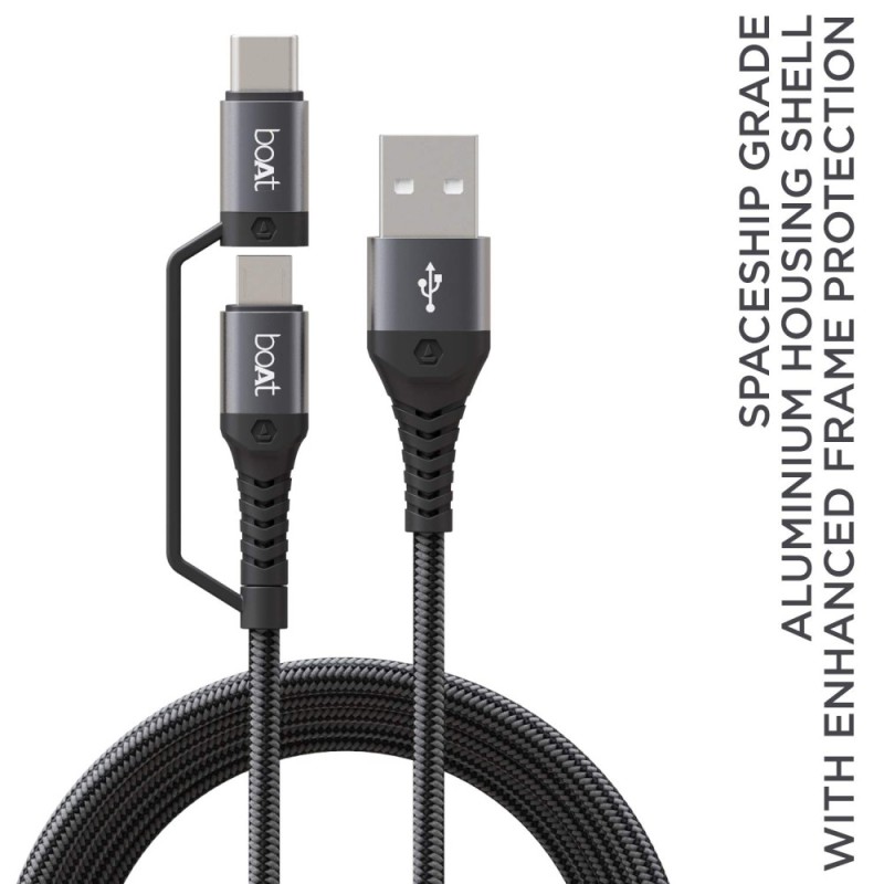 boAt Deuce 300 USB Cable 2 in 1 Type-C & Micro USB 3A Fast Charging Mercurial Black