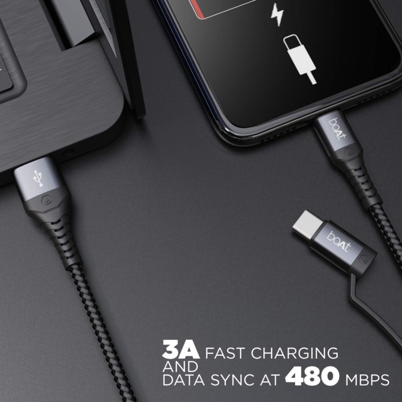 boAt Deuce 300 USB Cable 2 in 1 Type-C & Micro USB 3A Fast Charging Mercurial Black
