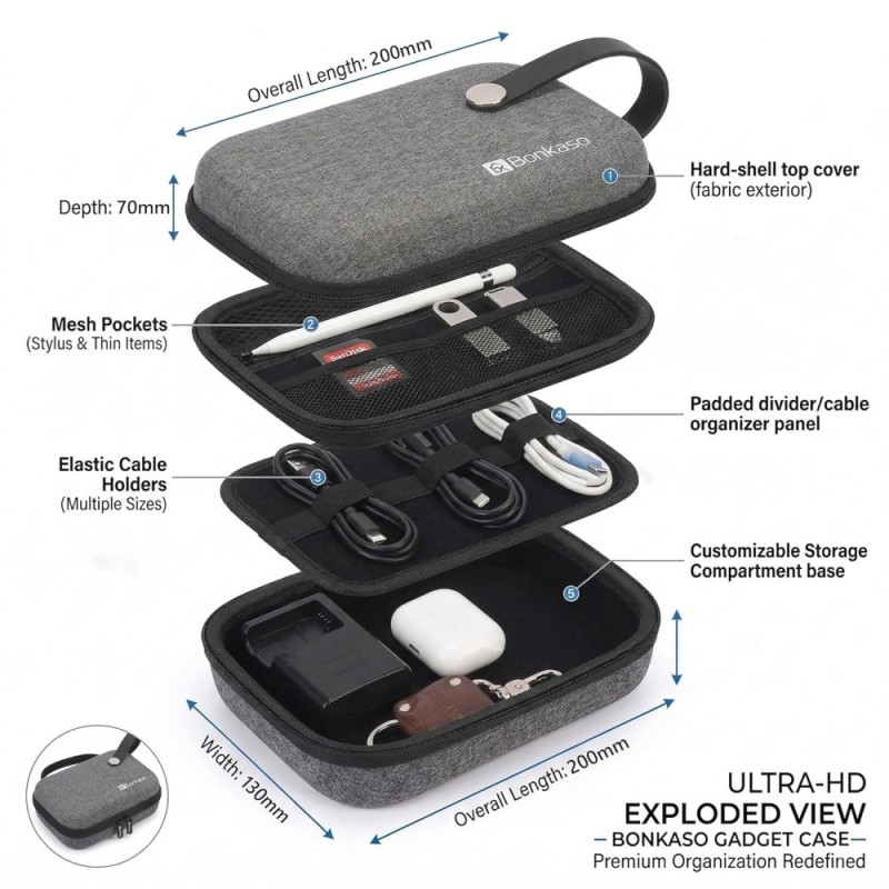 BonKaso Tech Organizer Pouch BK-GRYORGANIZER Hard Shell Grey