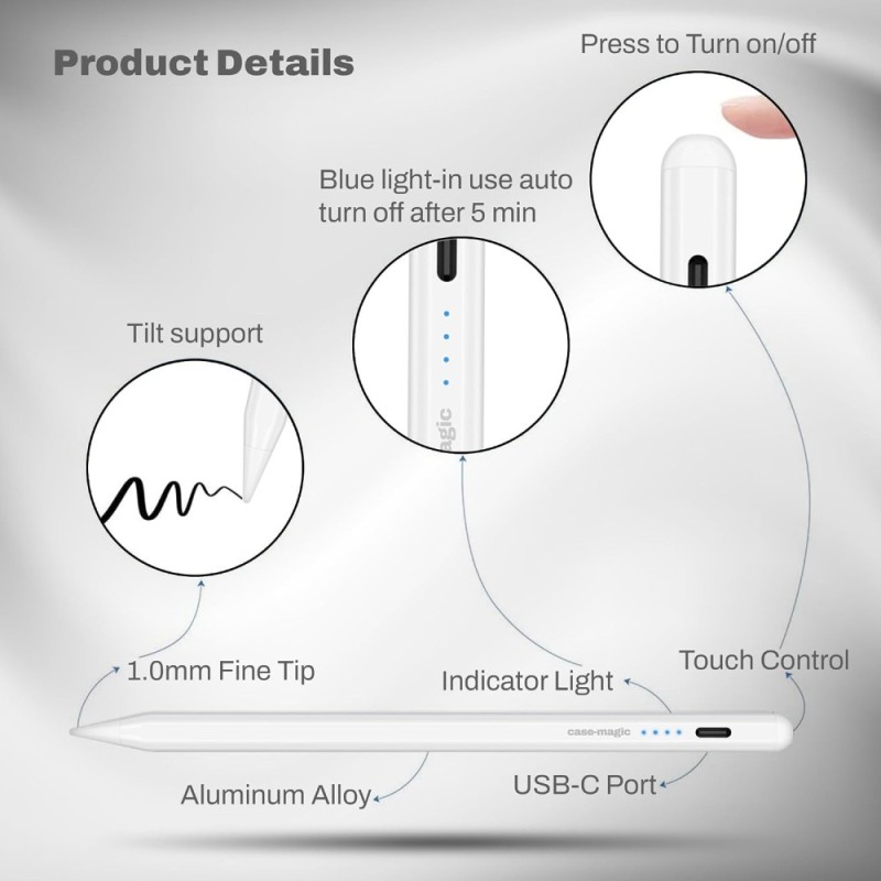 Case-Magic Active Stylus Pen CM-IS1 with Palm Rejection, Tilt Sensor, Fast Charge, White