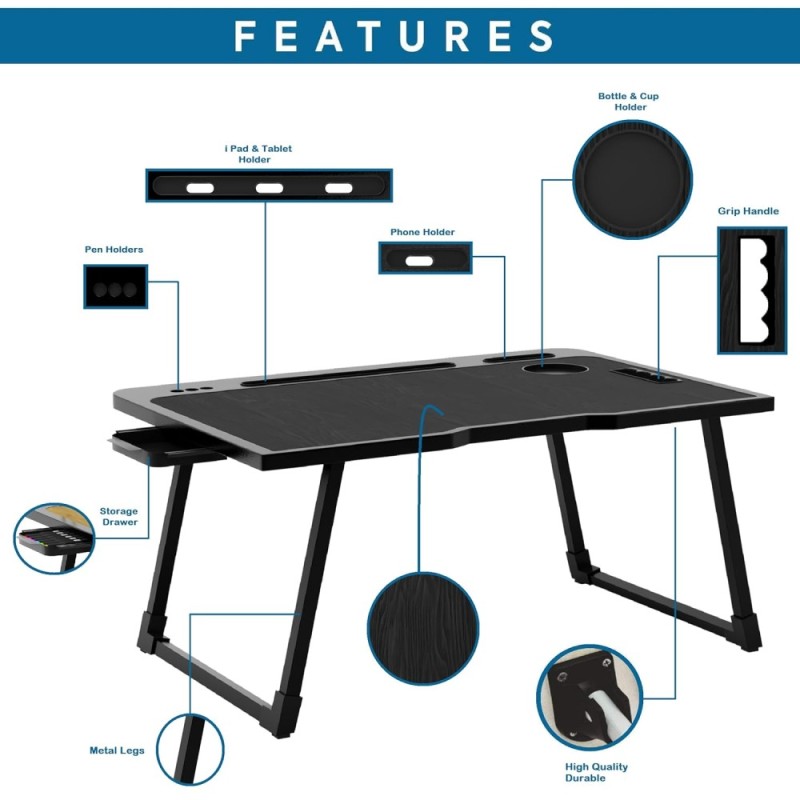 CERVONIX Laptop Table CER-458 Foldable with Cup Holder Black