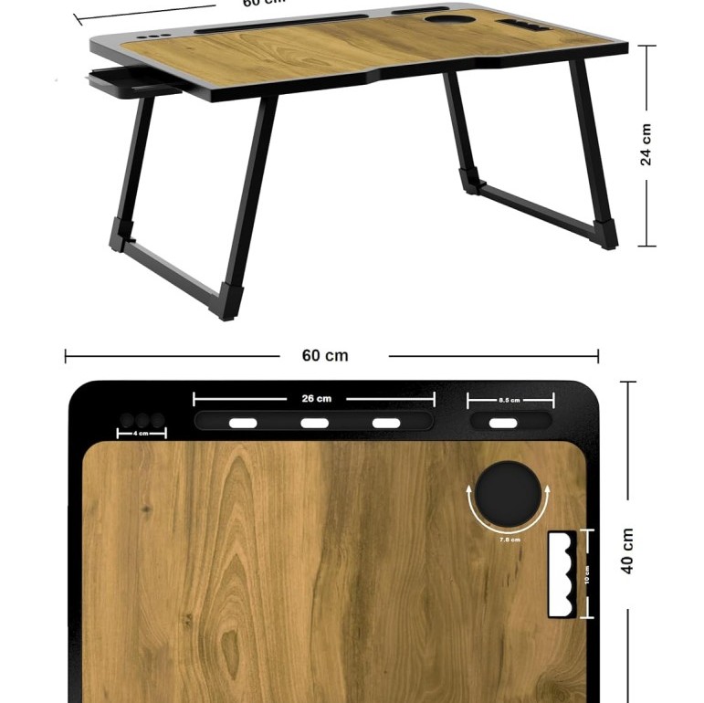 Cervonix Multipurpose Foldable Laptop Table CER-458 with Cup Holder, Wooden, 60 x 40 x 24 cm