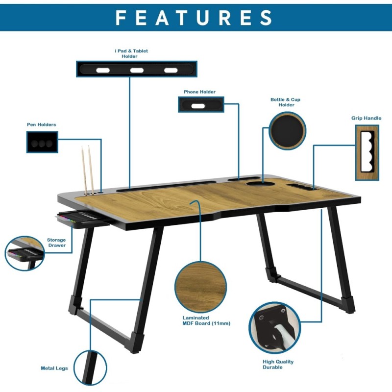 Cervonix Multipurpose Foldable Laptop Table CER-458 with Cup Holder, Wooden, 60 x 40 x 24 cm
