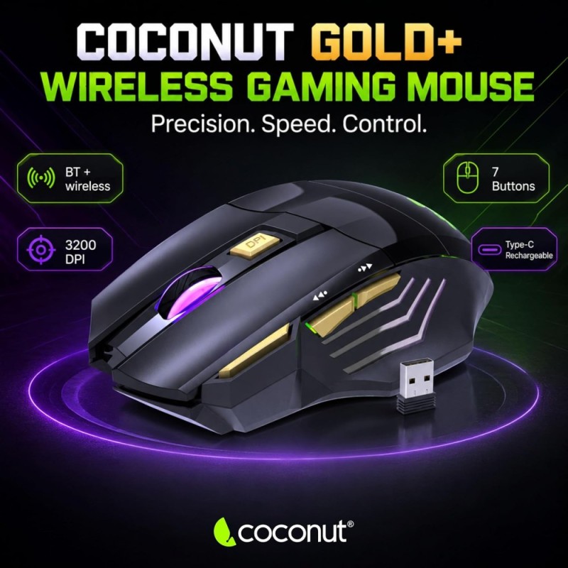 Coconut Gold+ Gaming Mouse 3200 DPI Ergonomic Wireless Gold