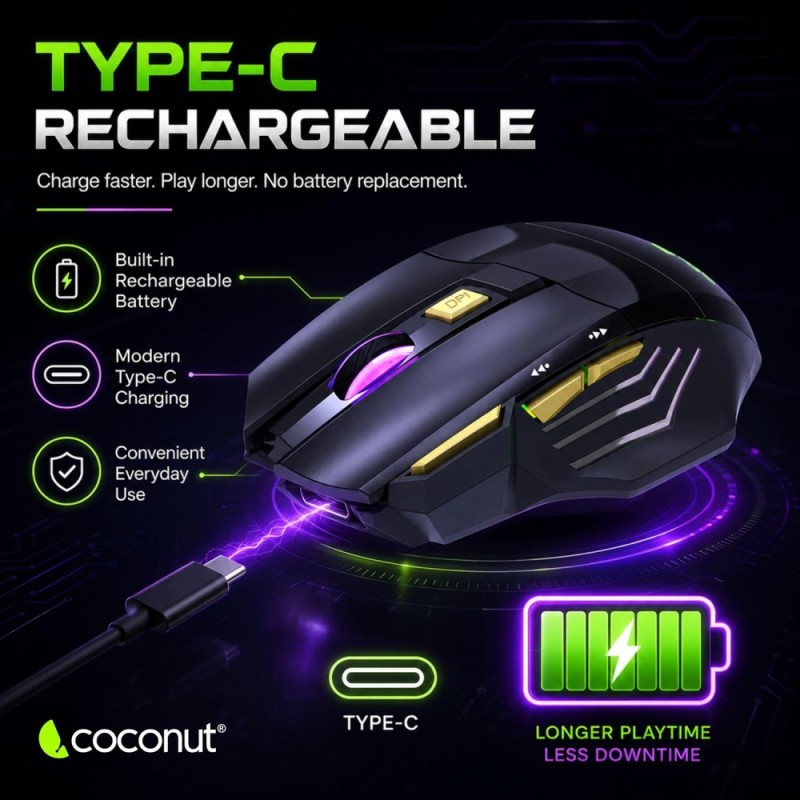 Coconut Gold+ Gaming Mouse 3200 DPI Ergonomic Wireless Gold