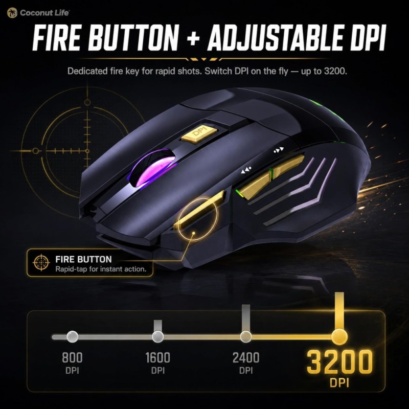 Coconut Gold+ Gaming Mouse 3200 DPI Ergonomic Wireless Gold