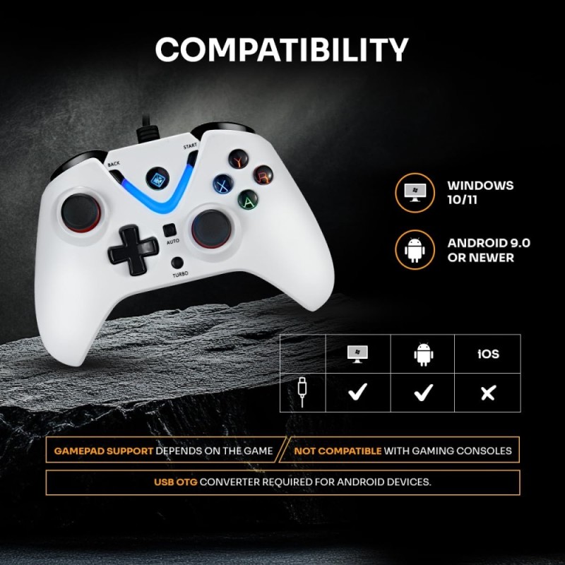 Cosmic Byte ARES Wired Controller for PC, Ergonomic Design, Dual Vibration, White