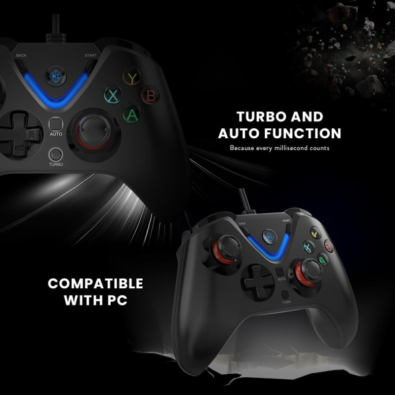 Cosmic Byte ARES Wired Controller for PC, Hall Effect Joystick, Vibration, Turbo, Black