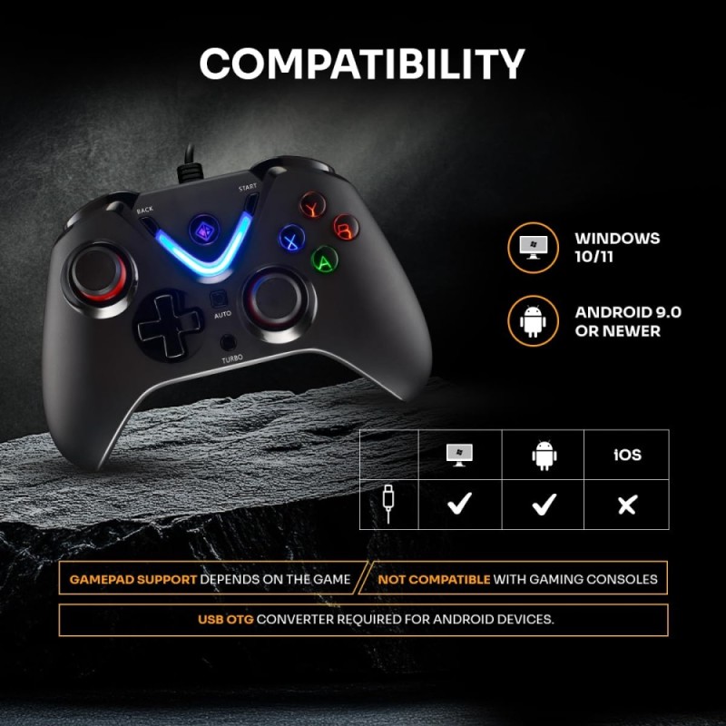 Cosmic Byte ARES Wired Controller for PC, Hall Effect Joystick, Vibration, Turbo, Black