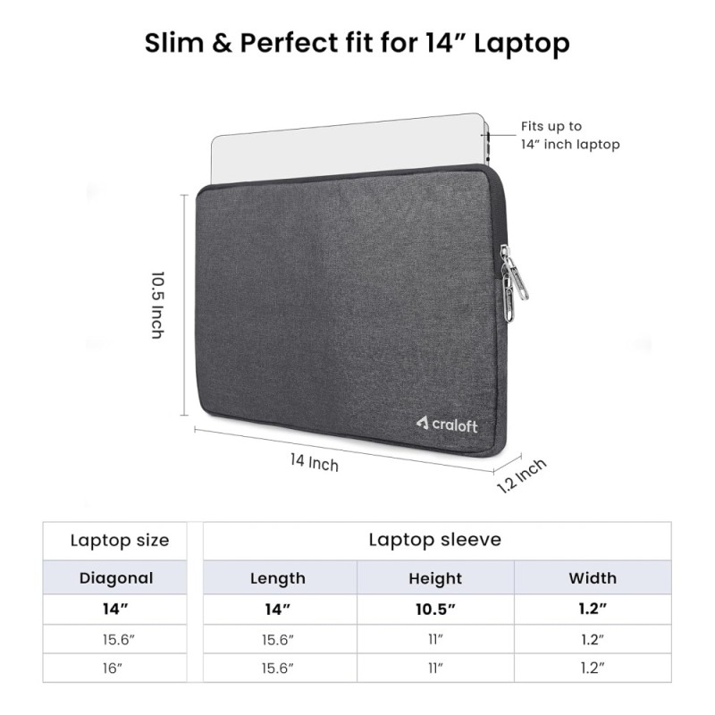 CRALOFT Laptop Sleeve L26 Water-Resistant 14 Inch Grey