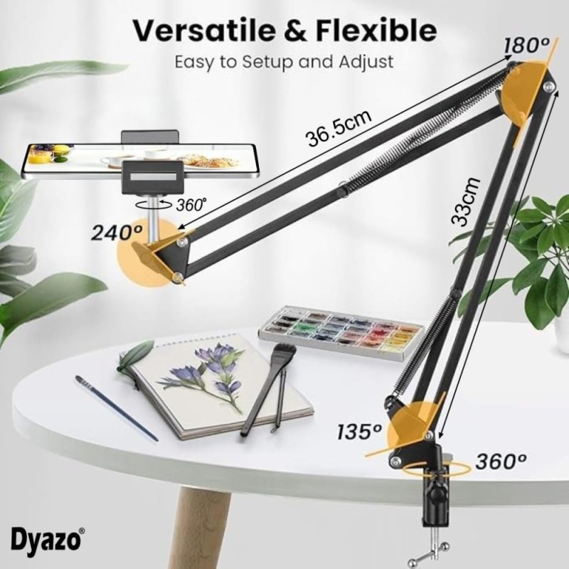 Dyazo Overhead Tablet Tripod Holder DZ8965 360° Rotation Clamp Mount Black
