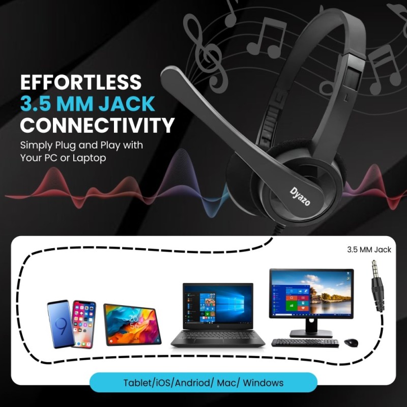 Dyazo Wired Headphones DZ6015 On-Ear Design with Mic Black