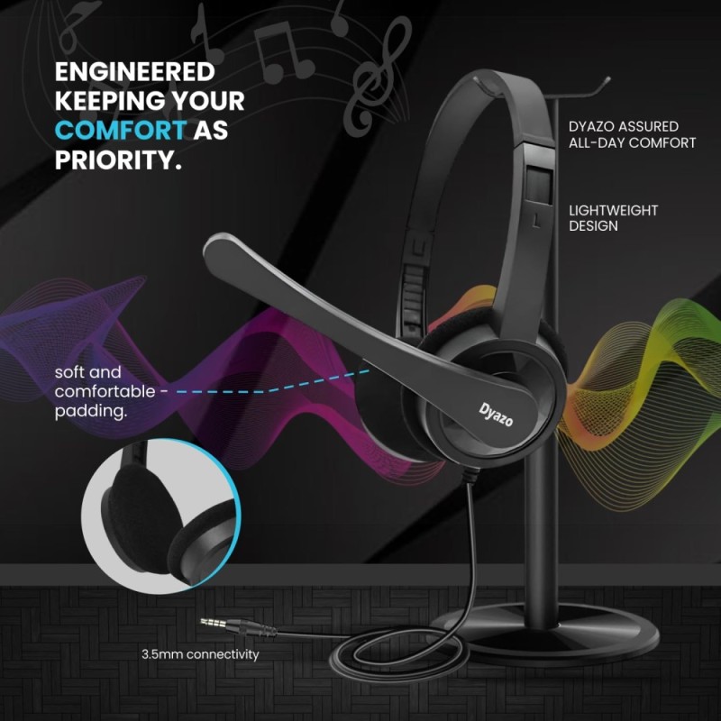 Dyazo Wired Headphones DZ6015 On-Ear Design with Mic Black