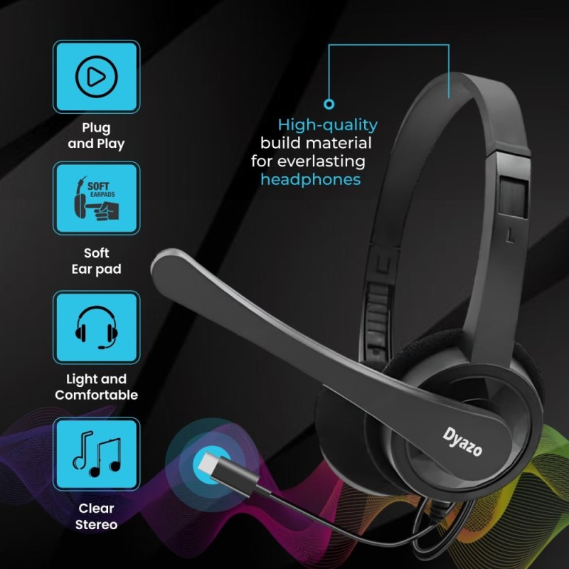 Dyazo Wired Headphones DZ7081 USB Type C Connectivity Lightweight On Ear Black
