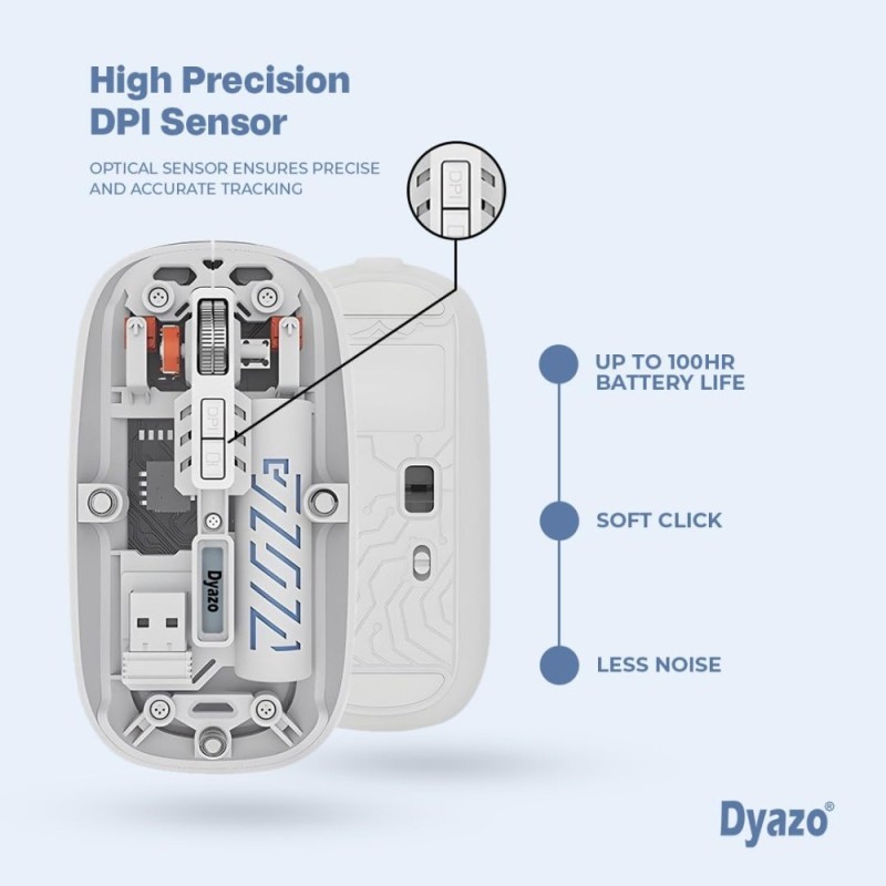 Dyazo Wireless Rechargeable Mouse DZ6077 Dual Connectivity Bluetooth 5.2 White