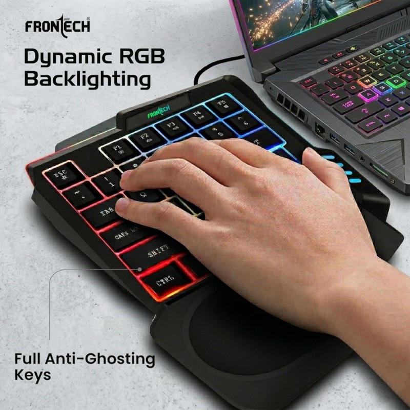 FRONTECH 4-in-1 Gaming Combo KB-0008PC with RGB Keyboard, 3200 DPI Mouse, Converter, Black