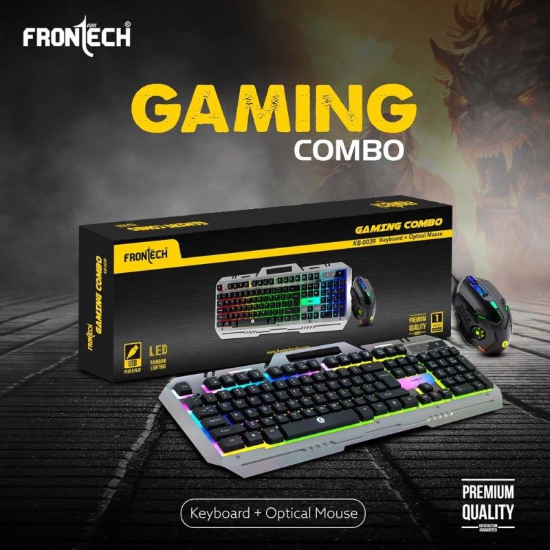 FRONTECH Wired Gaming Keyboard Mouse Combo KB-0039 104 Keys Ergonomic Design Black