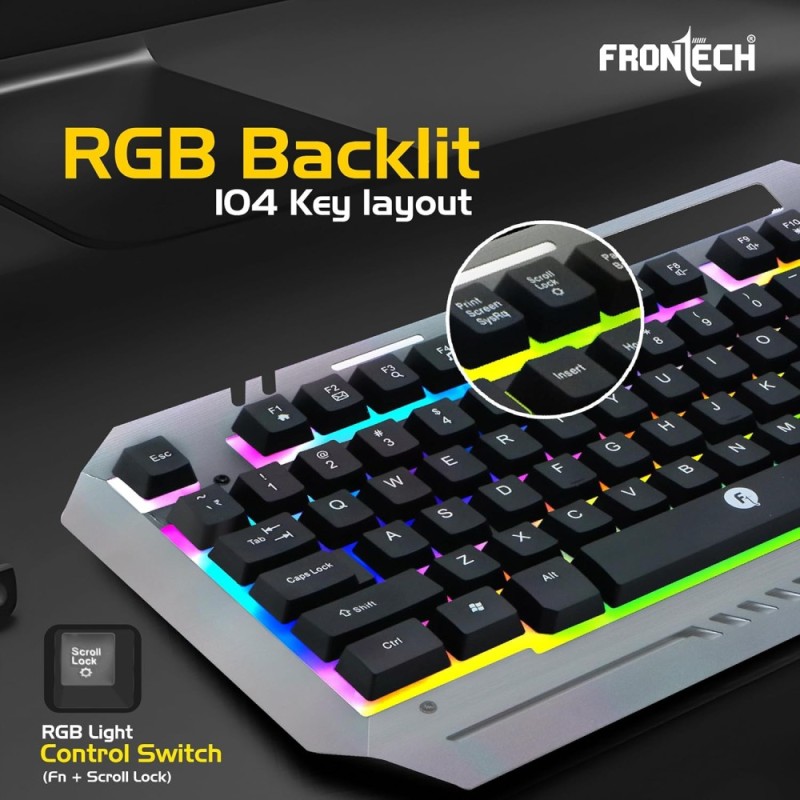 FRONTECH Wired Gaming Keyboard Mouse Combo KB-0039 104 Keys Ergonomic Design Black