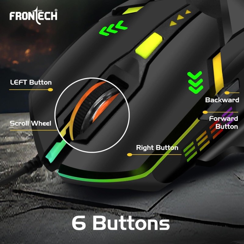 FRONTECH Wired Gaming Keyboard Mouse Combo KB-0039 104 Keys Ergonomic Design Black