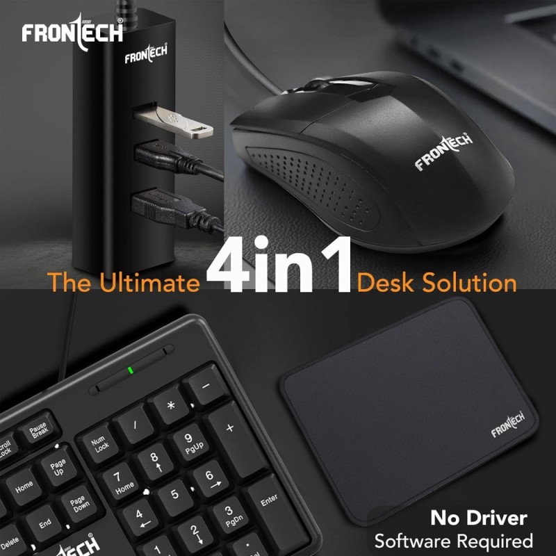 FRONTECH Wired Keyboard and Mouse Combo FT-1692P 104-Key Ergonomic Keyboard 1000 DPI Mouse Black