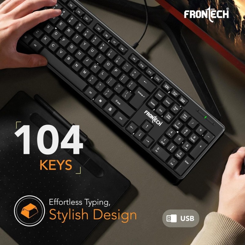 FRONTECH Wired Keyboard and Mouse Combo FT-1692P 104-Key Ergonomic Keyboard 1000 DPI Mouse Black