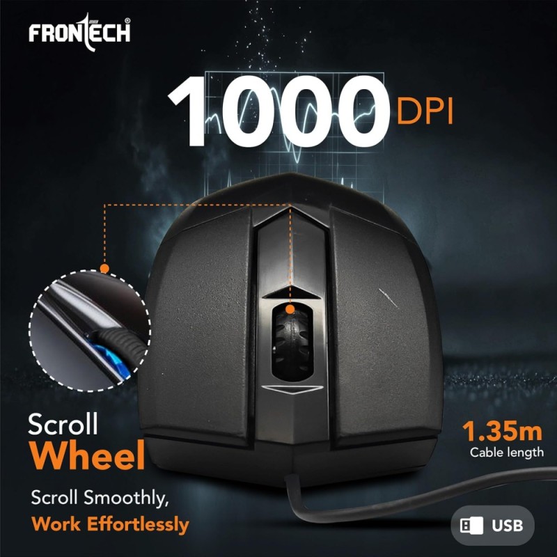 FRONTECH Wired Keyboard and Mouse Combo FT-1692P 104-Key Ergonomic Keyboard 1000 DPI Mouse Black