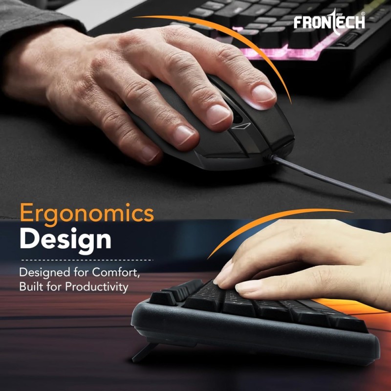 FRONTECH Wired Keyboard and Mouse Combo FT-1692P 104-Key Ergonomic Keyboard 1000 DPI Mouse Black