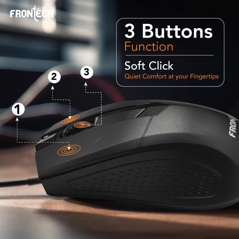 FRONTECH Wired Keyboard and Mouse Combo FT-1692P 104-Key Ergonomic Keyboard 1000 DPI Mouse Black