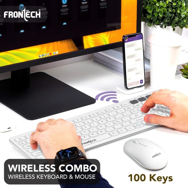 Frontech Wireless Rechargeable Keyboard & Mouse Combo FT-1602A 2.4 GHz & Bluetooth 5.0 White