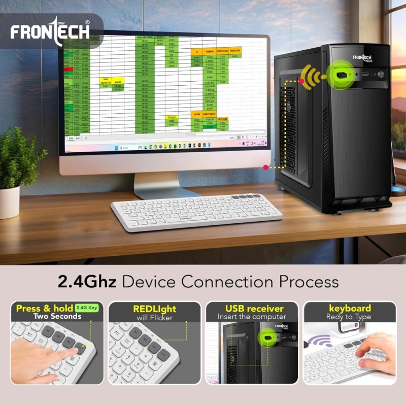 Frontech Wireless Rechargeable Keyboard & Mouse Combo FT-1602A 2.4 GHz & Bluetooth 5.0 White
