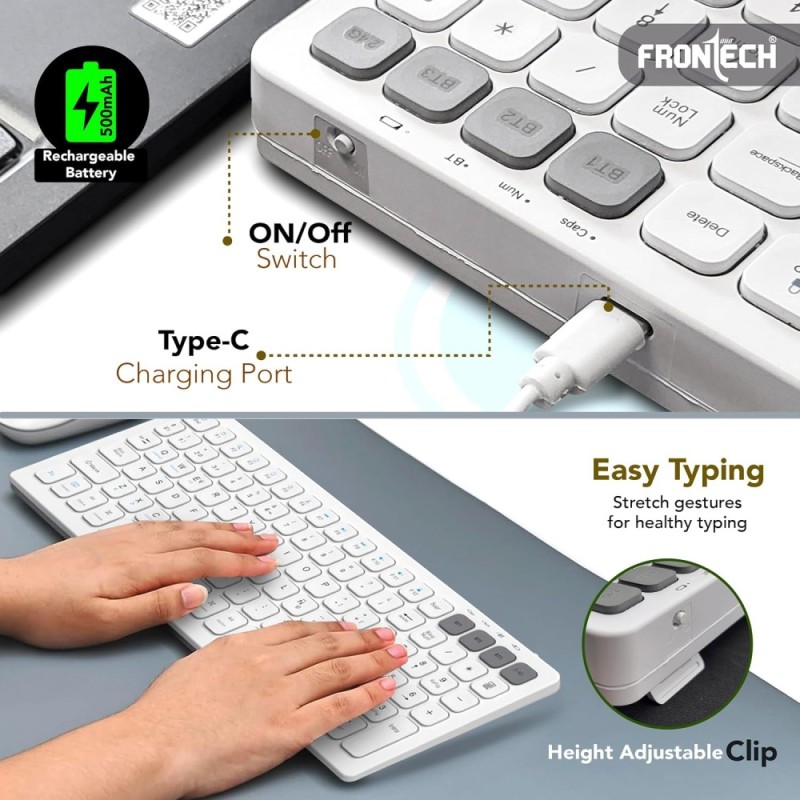 Frontech Wireless Rechargeable Keyboard & Mouse Combo FT-1602A 2.4 GHz & Bluetooth 5.0 White