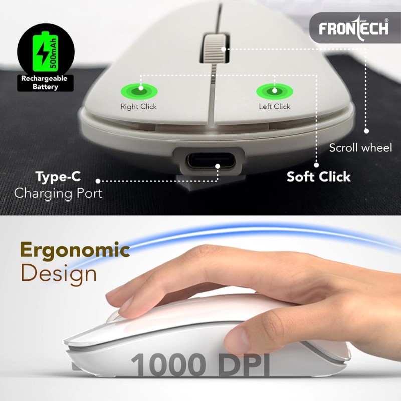 Frontech Wireless Rechargeable Keyboard & Mouse Combo FT-1602A 2.4 GHz & Bluetooth 5.0 White