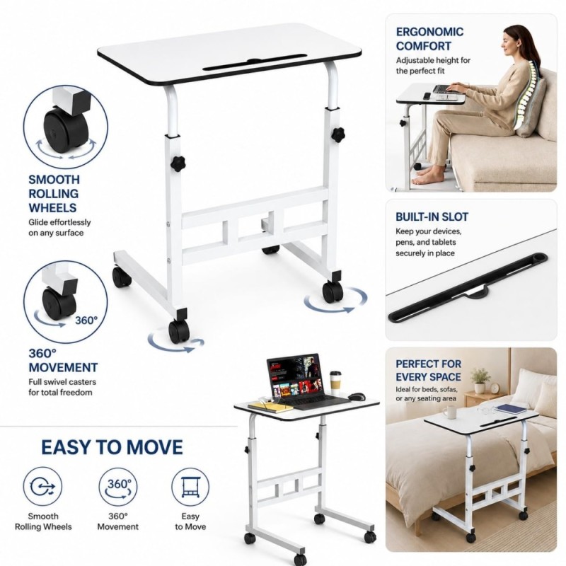 Generic Adjustable Sofa Side Table Trolly Table Height Adjustable 26-34 Inch White