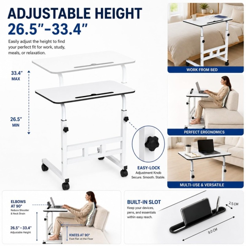 Generic Adjustable Sofa Side Table Trolly Table Height Adjustable 26-34 Inch White