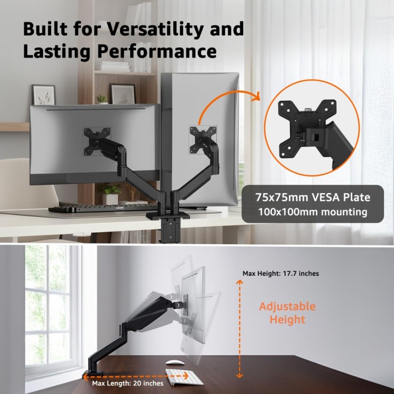 Generic Dual Monitor Arm AB-MS-05 Gas Spring Adjustable 13-32 inch Screens
