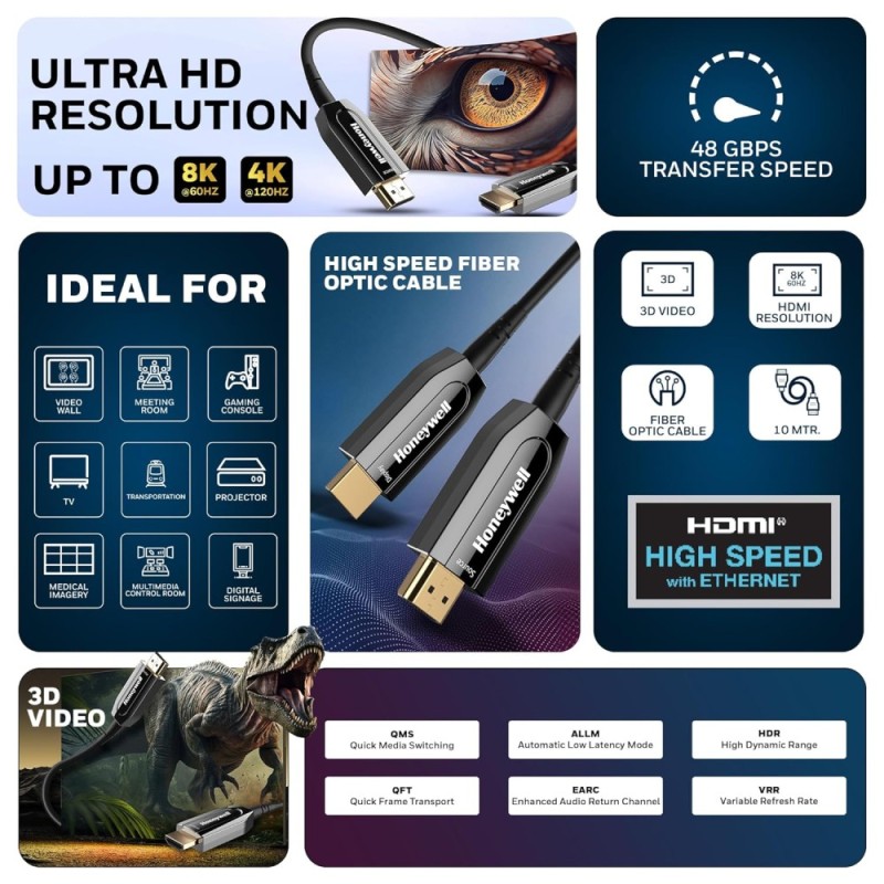Honeywell HDMI Cable AOC 2.1 Complaint 10M 48GBPS 8K@60Hz Black