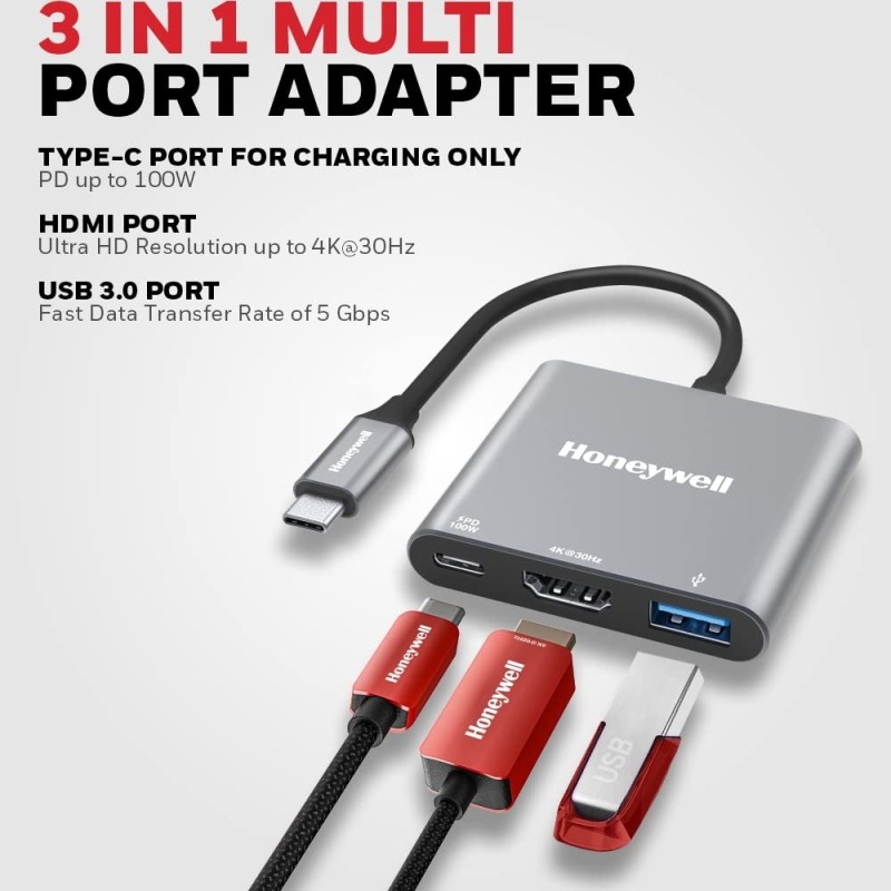 Honeywell Type C to HDMI Adapter HC000009/ADP/SLV 4K UHD, 100W PD Charging, USB 3.0, Silver