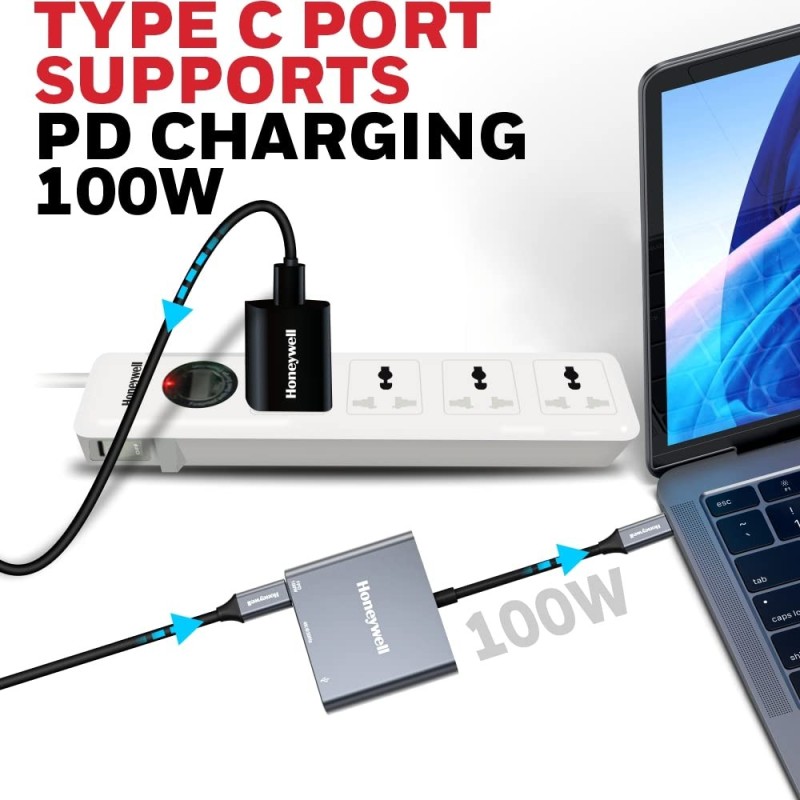 Honeywell Type C to HDMI Adapter HC000009/ADP/SLV 4K UHD, 100W PD Charging, USB 3.0, Silver