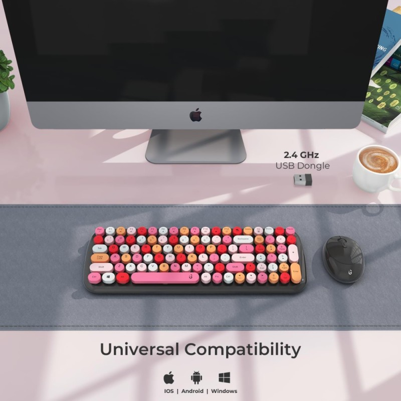 iGear KeyBee Wireless Keyboard with Mouse 2.4GHz Customizable Pink and Grey