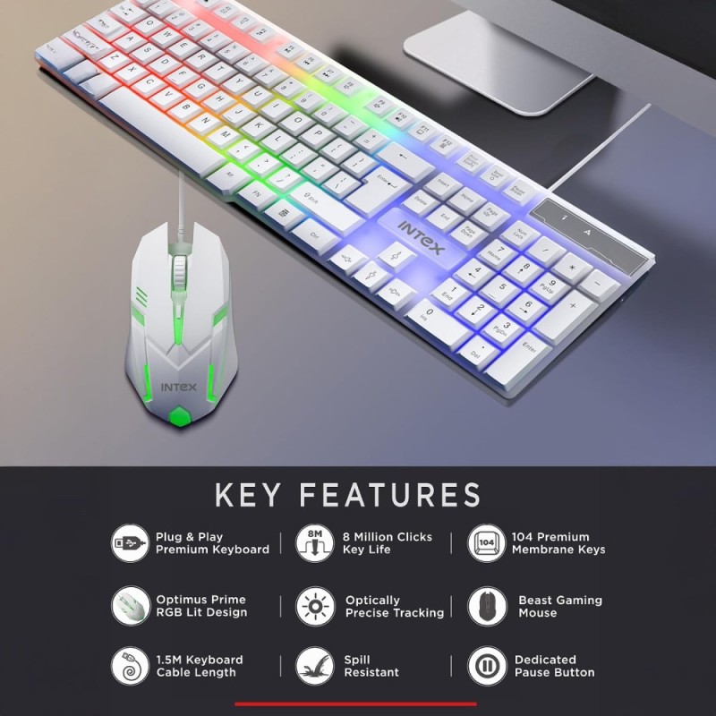 Intex Wired Gaming Keyboard Mouse Combo IT-KB334 RGB Backlit 104 Keys Spill Resistant White