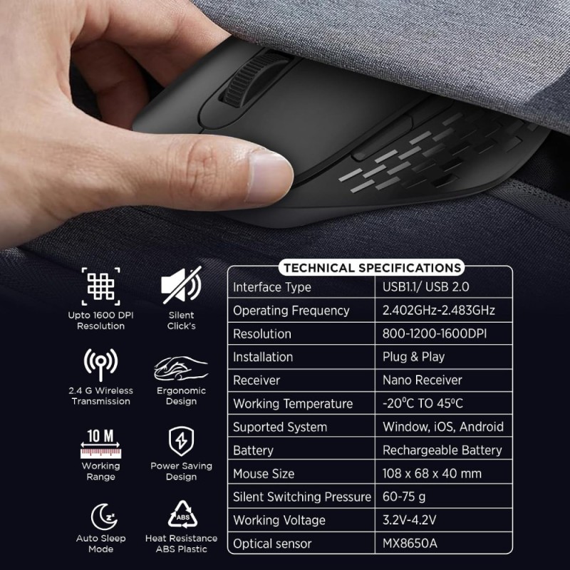 Intex Wireless Mouse IT-WM201 Flow 1600 DPI 6 Buttons Black