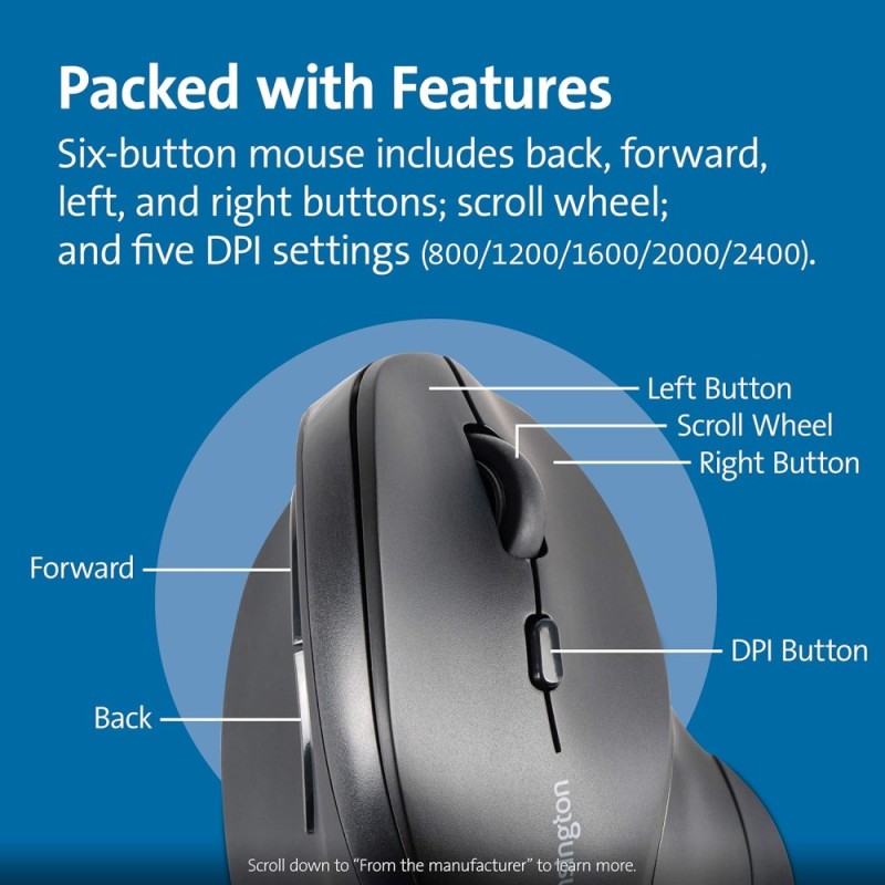 Kensington Ergonomic Vertical Wireless Mouse K75575WW 6 Buttons 5 DPI Settings Black