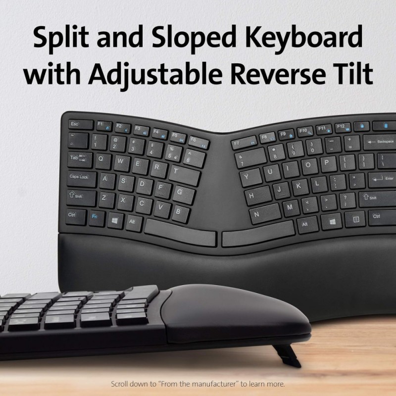 Kensington Ergonomic Wireless Bluetooth Keyboard K75401US Built-in Wrist Rest, Spill-Proof Keys, Quiet Typing Black
