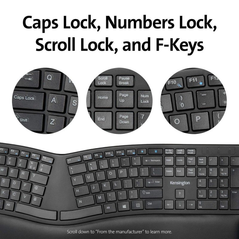 Kensington Ergonomic Wireless Bluetooth Keyboard K75401US Built-in Wrist Rest, Spill-Proof Keys, Quiet Typing Black