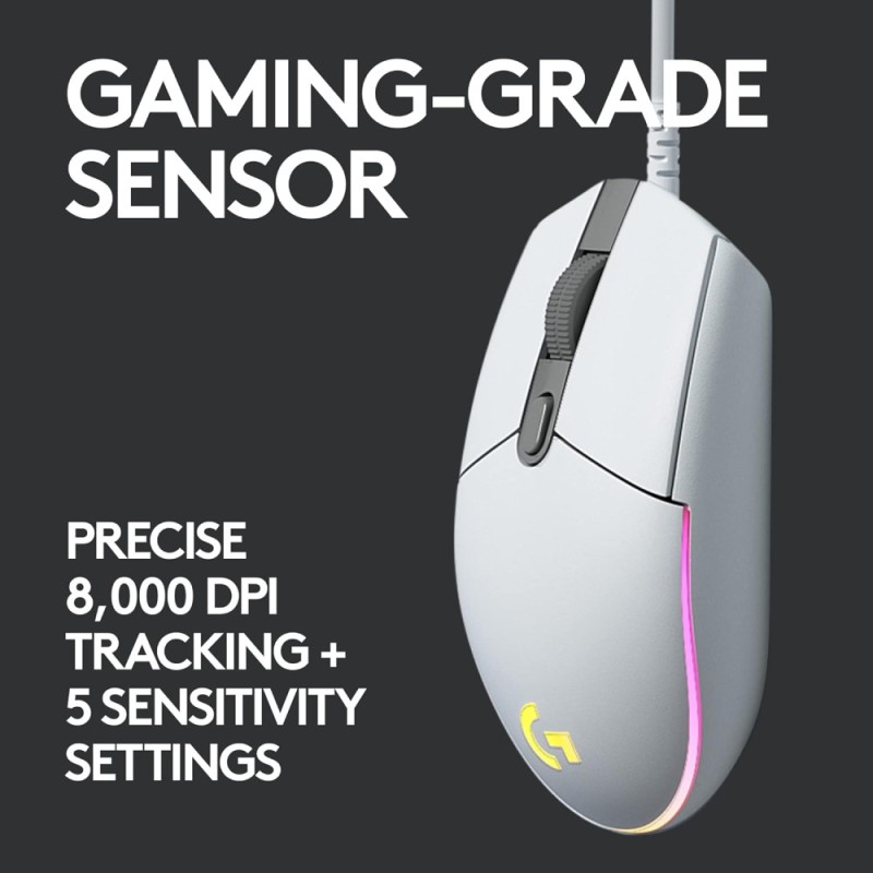 Logitech G Light Sync Gaming Mouse 8K DPI, 6 Buttons, White