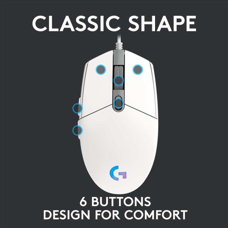 Logitech G Light Sync Gaming Mouse 8K DPI, 6 Buttons, White
