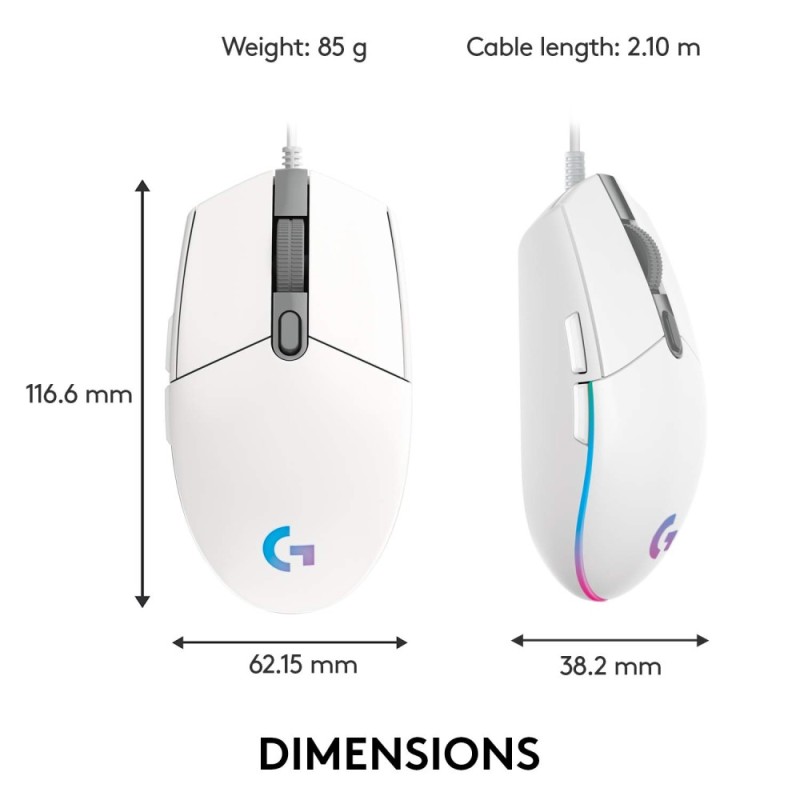 Logitech G Light Sync Gaming Mouse 8K DPI, 6 Buttons, White