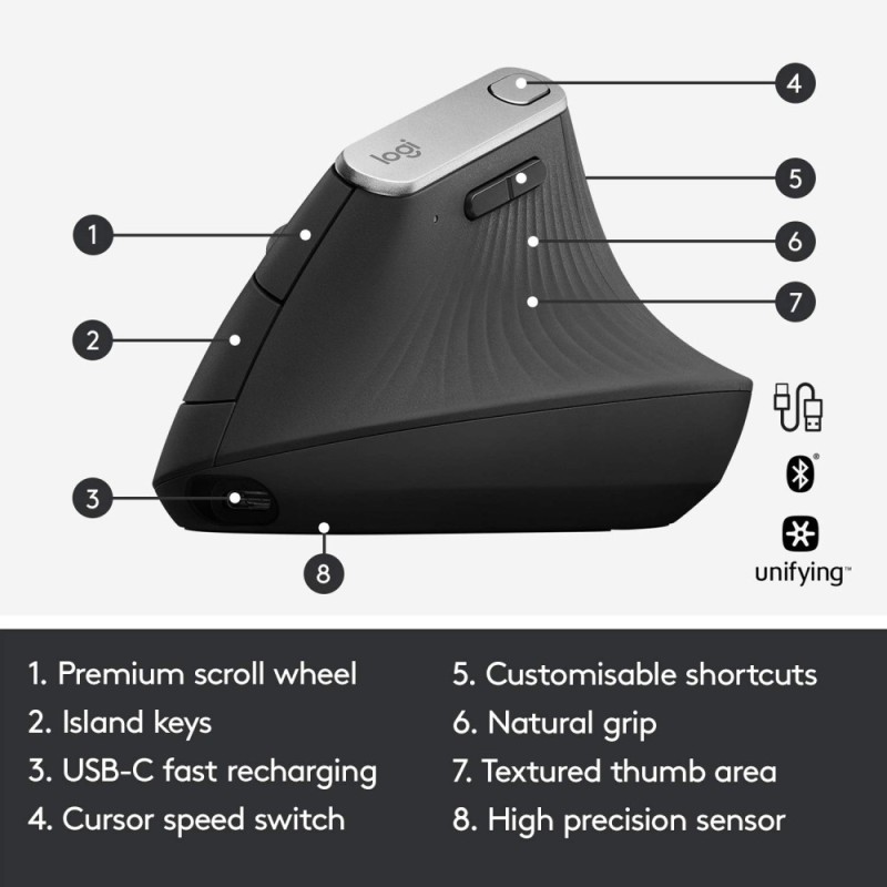 Logitech MX Vertical Wireless Mouse 4000 DPI Ergonomic Graphite